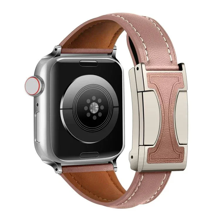 Bracelet de montre en cuir véritable uni, fin et à boucle magnétique, compatible avec Apple Watch 46 mm / 49 mm / 45 mm / 44 mm et Apple Watch 42 mm / 41 mm / 40 mm / 38 mm.