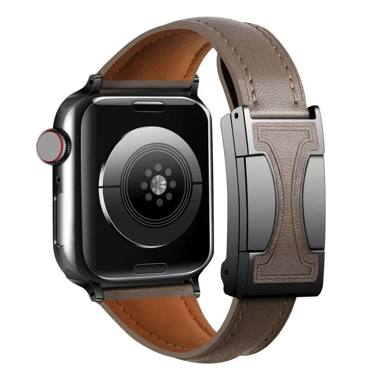 Bracelet de montre en cuir véritable uni, fin et à boucle magnétique, compatible avec Apple Watch 46 mm / 49 mm / 45 mm / 44 mm et Apple Watch 42 mm / 41 mm / 40 mm / 38 mm.