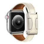 Bracelet de montre en cuir véritable uni, fin et à boucle magnétique, compatible avec Apple Watch 46 mm / 49 mm / 45 mm / 44 mm et Apple Watch 42 mm / 41 mm / 40 mm / 38 mm.