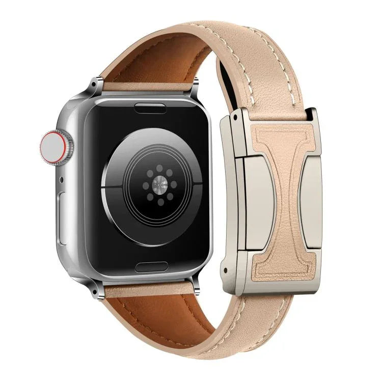 Bracelet de montre en cuir véritable uni, fin et à boucle magnétique, compatible avec Apple Watch 46 mm / 49 mm / 45 mm / 44 mm et Apple Watch 42 mm / 41 mm / 40 mm / 38 mm.
