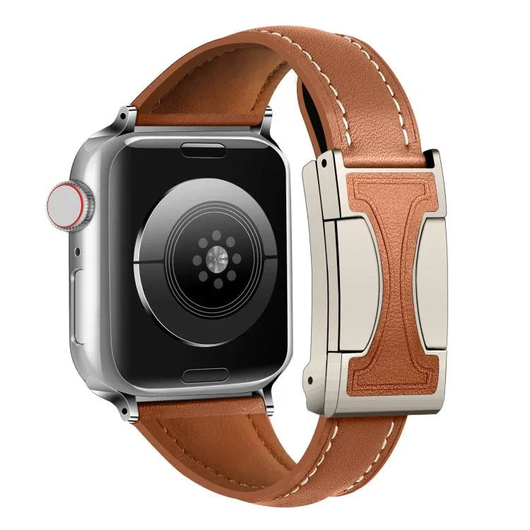 Bracelet de montre en cuir véritable uni, fin et à boucle magnétique, compatible avec Apple Watch 46 mm / 49 mm / 45 mm / 44 mm et Apple Watch 42 mm / 41 mm / 40 mm / 38 mm.
