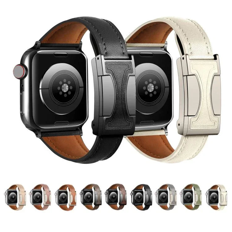 Bracelet de montre en cuir véritable uni, fin et à boucle magnétique, compatible avec Apple Watch 46 mm / 49 mm / 45 mm / 44 mm et Apple Watch 42 mm / 41 mm / 40 mm / 38 mm.