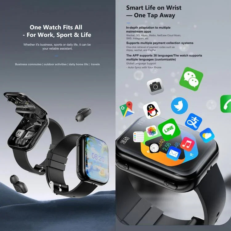Montre connectée avec écouteurs TWS T1, écran carré de 1,8 pouce, compatible avec les appels Bluetooth et la mesure de la fréquence cardiaque
