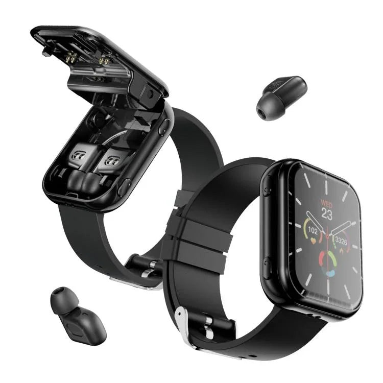 Montre connectée avec écouteurs TWS T1, écran carré de 1,8 pouce, compatible avec les appels Bluetooth et la mesure de la fréquence cardiaque