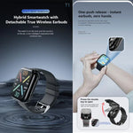 Montre connectée avec écouteurs TWS T1, écran carré de 1,8 pouce, compatible avec les appels Bluetooth et la mesure de la fréquence cardiaque