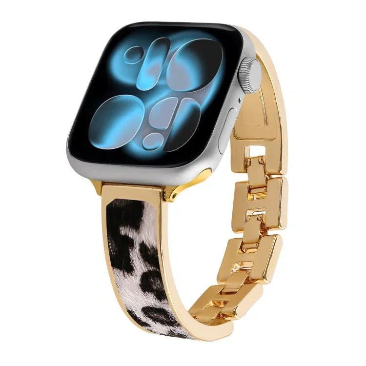 Bracelet de montre en alliage à motif léopard, compatible avec Apple Watch 46 mm / 49 mm / 45 mm / 44 mm et Apple Watch 42 mm / 41 mm / 40 mm / 38 mm.