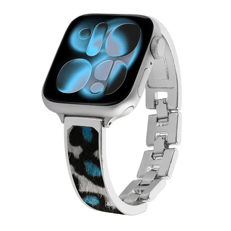 Bracelet de montre en alliage à motif léopard, compatible avec Apple Watch 46 mm / 49 mm / 45 mm / 44 mm et Apple Watch 42 mm / 41 mm / 40 mm / 38 mm.