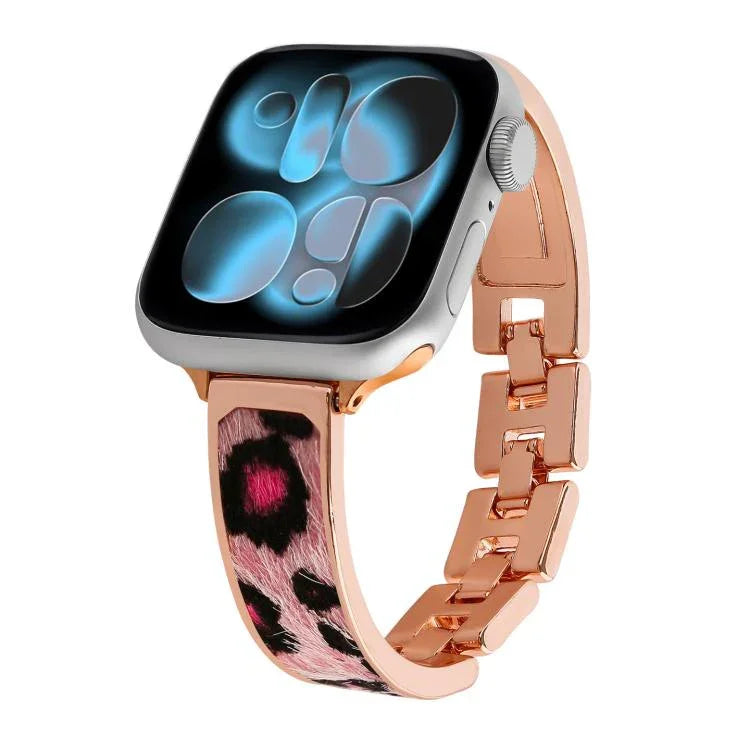 Bracelet de montre en alliage à motif léopard, compatible avec Apple Watch 46 mm / 49 mm / 45 mm / 44 mm et Apple Watch 42 mm / 41 mm / 40 mm / 38 mm.