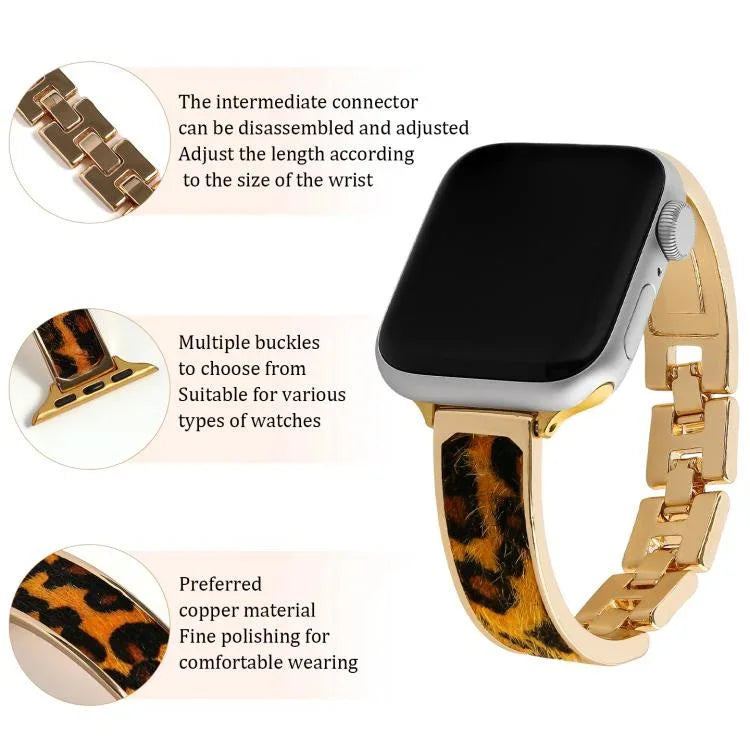 Bracelet de montre en alliage à motif léopard, compatible avec Apple Watch 46 mm / 49 mm / 45 mm / 44 mm et Apple Watch 42 mm / 41 mm / 40 mm / 38 mm.