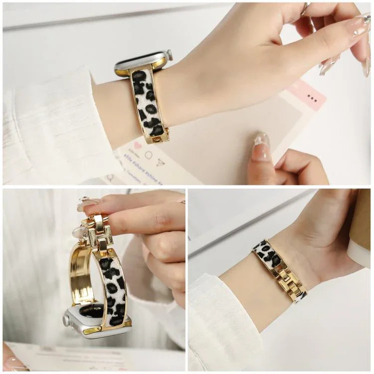 Bracelet de montre en alliage à motif léopard, compatible avec Apple Watch 46 mm / 49 mm / 45 mm / 44 mm et Apple Watch 42 mm / 41 mm / 40 mm / 38 mm.