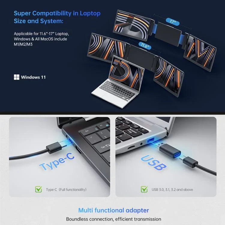 Arie 14 Moniteur portable triple de 14 pouces avec écran étendu, prise US, prise UK, prise EU