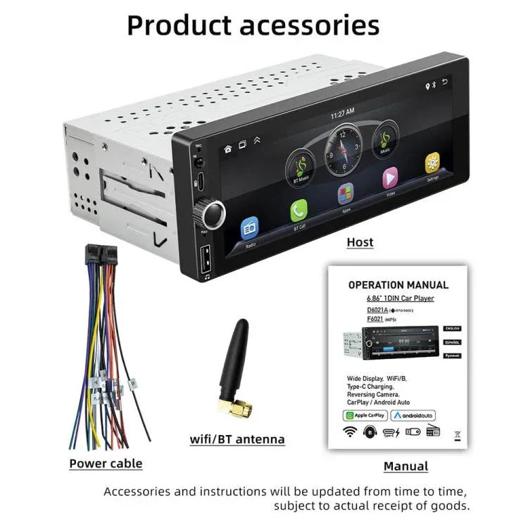 F6021 Lecteur MP5 de voiture 1 Din avec écran IPS de 6,86 pouces, compatible CarPlay et Android Auto, F6021