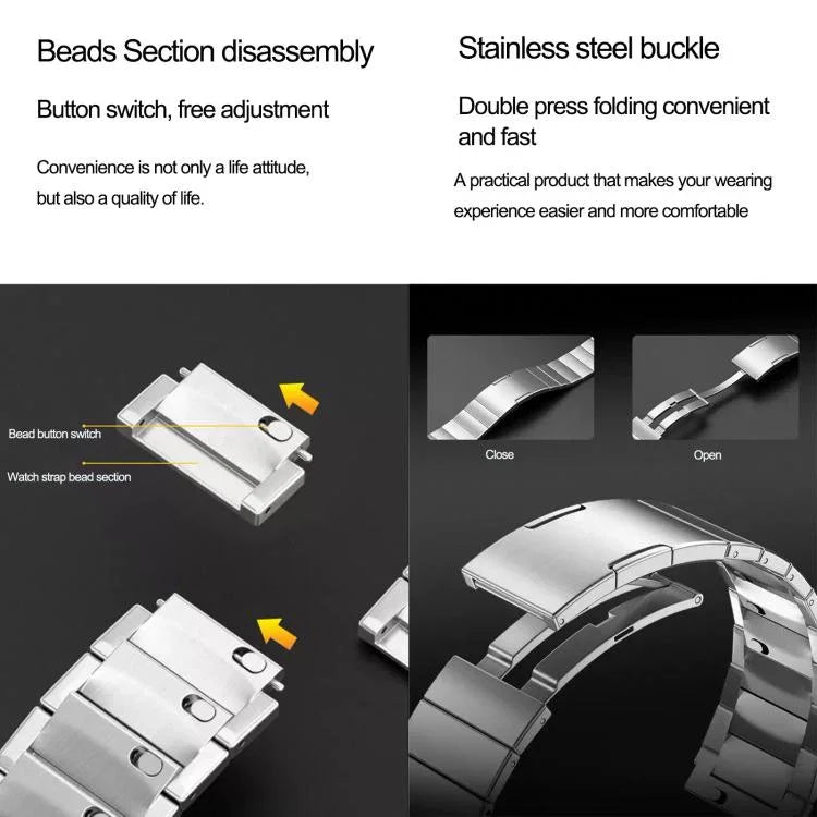 Bracelet de montre en acier inoxydable à perle unique et à dégagement rapide, compatible avec les Apple Watch 46 mm / 49 mm / 45 mm / 44 mm et 42 mm / 41 mm / 40 mm / 38 mm.