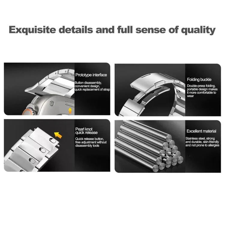 Bracelet de montre en acier inoxydable à perle unique et à dégagement rapide, compatible avec les Apple Watch 46 mm / 49 mm / 45 mm / 44 mm et 42 mm / 41 mm / 40 mm / 38 mm.