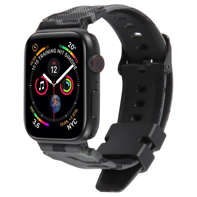 Bracelet de montre en silicone xDfind noir à motif camouflage, compatible avec Apple Watch 42/44/45/46/49 mm et Apple Watch 38/40/41/S10 42 mm.