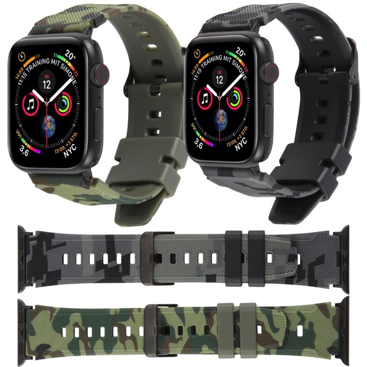 Bracelet de montre en silicone xDfind noir à motif camouflage, compatible avec Apple Watch 42/44/45/46/49 mm et Apple Watch 38/40/41/S10 42 mm.