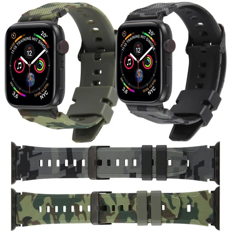 Bracelet de montre en silicone xDfind noir à motif camouflage, compatible avec Apple Watch 42/44/45/46/49 mm et Apple Watch 38/40/41/S10 42 mm.