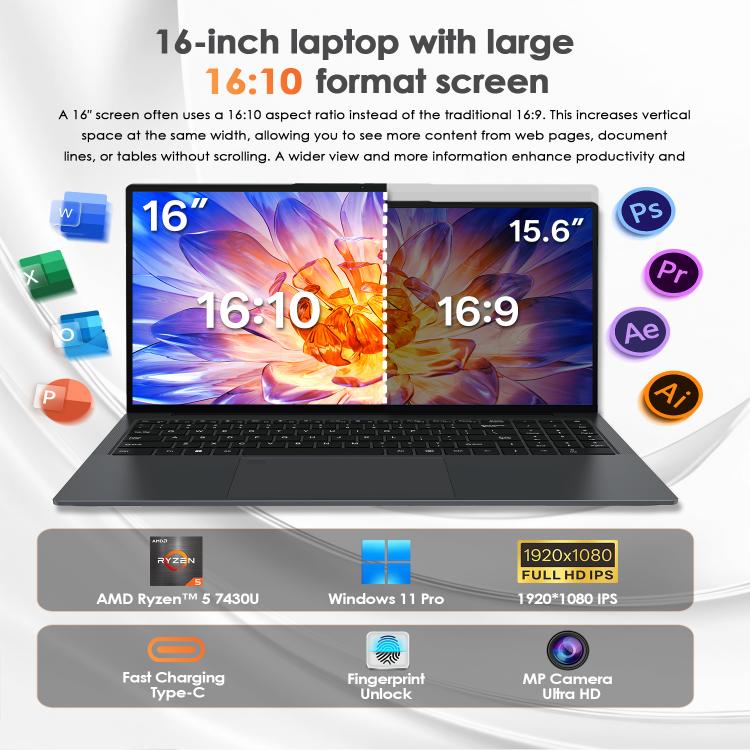 Ordinateur portable GXMO T160 16 pouces Windows 11, 16GB+512GB, processeur AMD Ryzen 5 7430U Hexa Core, prise EU, prise US, prise UK, prise AU