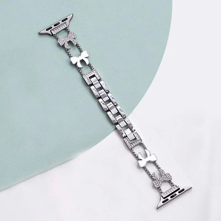 Bracelet de montre xDfind à nœud papillon et chaîne en métal serti de diamants, compatible avec Apple Watch 42/44/45/46/49 mm et Apple Watch 38/40/41/S11 42 mm.