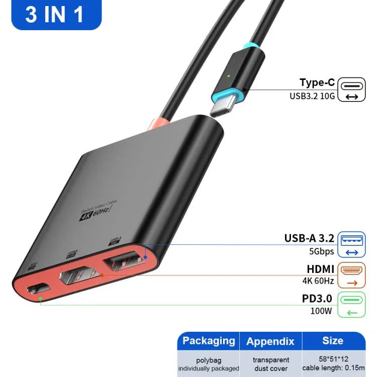 Station d’accueil de bureau 3 en 1 Type-C vers HDMI + USB 3.0 + port de charge Type-C PD, pour Nintendo Switch