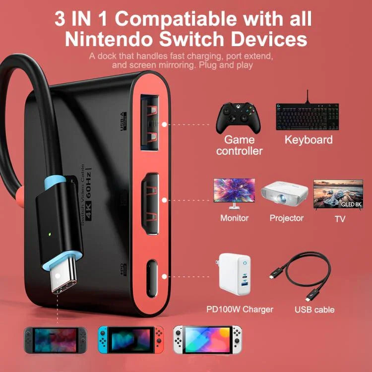 Station d’accueil de bureau 3 en 1 Type-C vers HDMI + USB 3.0 + port de charge Type-C PD, pour Nintendo Switch