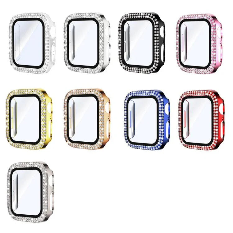 xDfind Coque de montre en PC intégrée avec film en verre trempé double rangée de diamants, pour Apple Watch Series 9 / 8 / 7 41mm, pour Apple Watch Series 3 / 2 / 1 38mm, pour Apple Watch Series 3 / 2 / 1 42mm