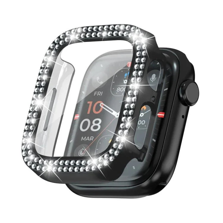 xDfind Coque de montre en PC intégrée avec film en verre trempé double rangée de diamants, pour Apple Watch Series 9 / 8 / 7 41mm, pour Apple Watch Series 3 / 2 / 1 38mm, pour Apple Watch Series 3 / 2 / 1 42mm