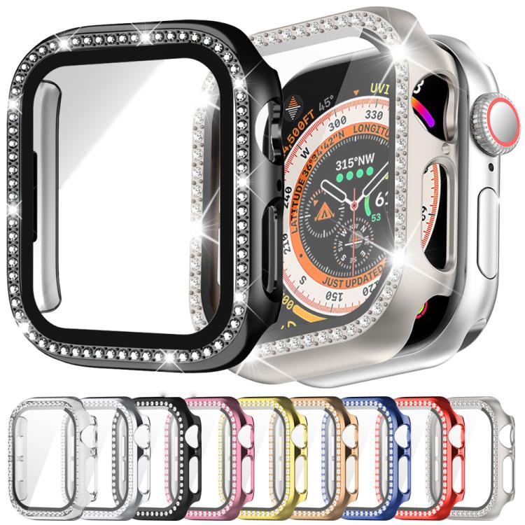 Coque de protection en PC intégrée avec film en verre trempé à rangée de diamants xDfind, Pour Apple Watch Series 9 / 8 / 7 45mm, Pour Apple Watch Series 9 / 8 / 7 41mm, Pour Apple Watch Series 3 / 2 / 1 38mm, Pour Apple Watch Series 3 / 2 / 1 42mm