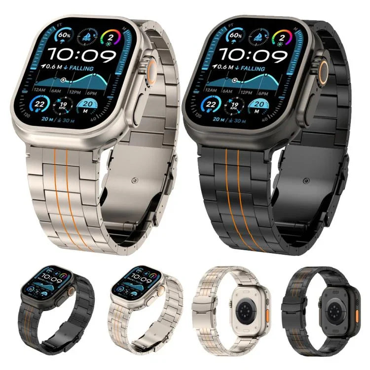 Bracelet de montre en alliage de titane avec fermoir de sécurité à trois billes, compatible avec les Apple Watch 46 mm / 49 mm / 45 mm / 44 mm et 42 mm / 41 mm / 40 mm / 38 mm.