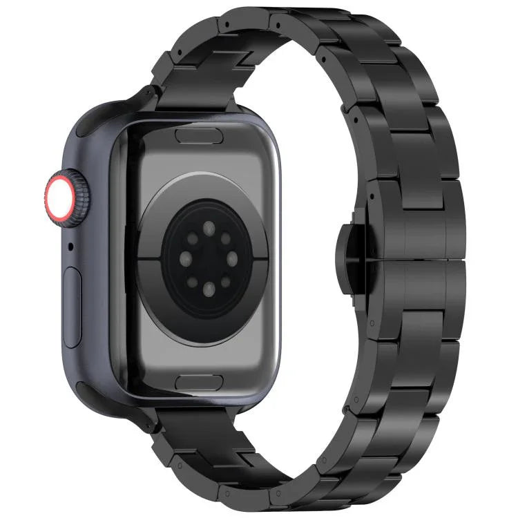 Bracelet de montre fin en alliage de titane avec boucle papillon à trois billes, compatible avec les Apple Watch 46 mm / 49 mm / 45 mm / 44 mm et 42 mm / 41 mm / 40 mm / 38 mm.