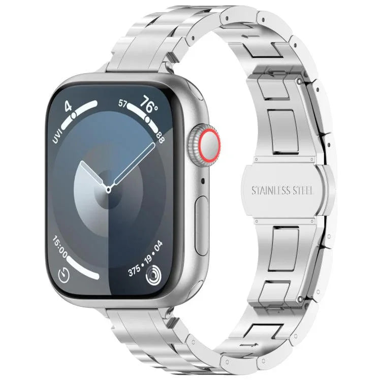 Bracelet de montre fin en alliage de titane avec boucle papillon à trois billes, compatible avec les Apple Watch 46 mm / 49 mm / 45 mm / 44 mm et 42 mm / 41 mm / 40 mm / 38 mm.