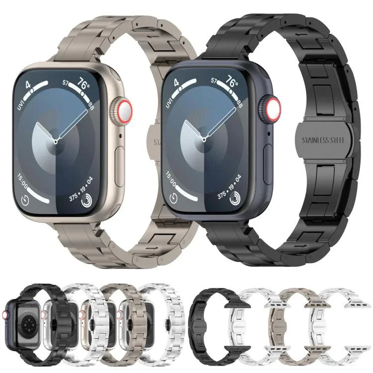 Bracelet de montre fin en alliage de titane avec boucle papillon à trois billes, compatible avec les Apple Watch 46 mm / 49 mm / 45 mm / 44 mm et 42 mm / 41 mm / 40 mm / 38 mm.