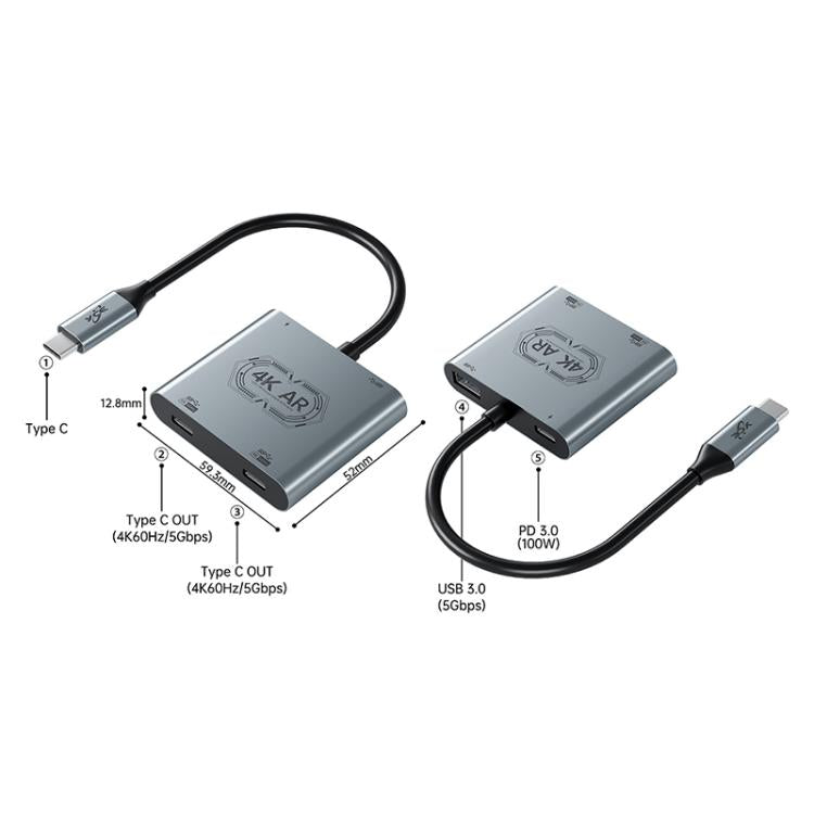 V77G 4K 60Hz USB-C / Type-C vers double Type-C, PD 100W, USB 3.0 Adaptateur convertisseur de charge pour lunettes AR