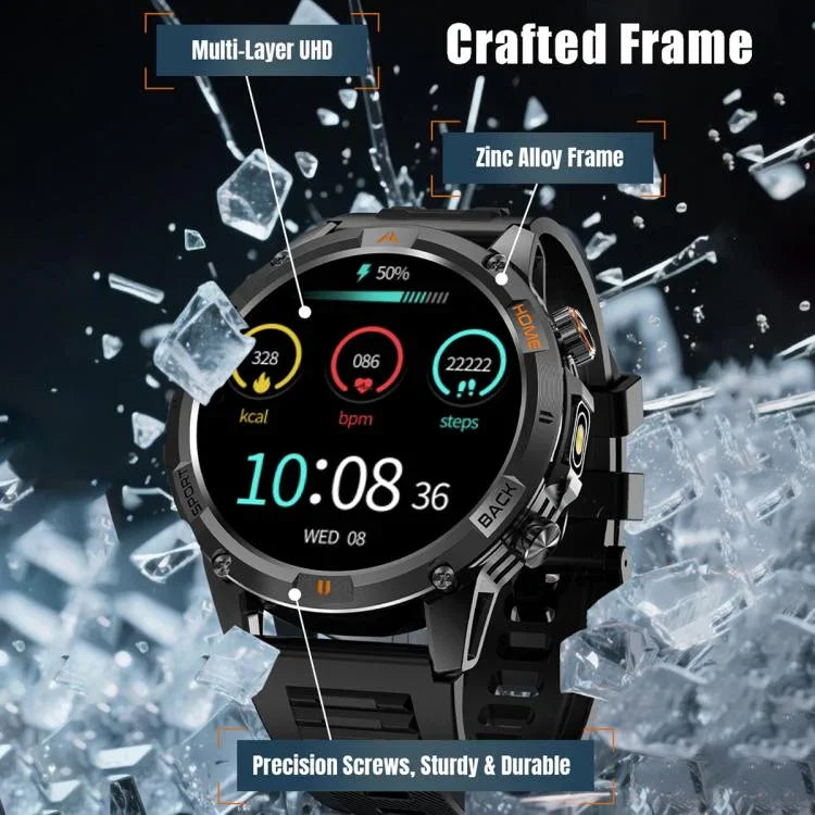 Montre connectée sport YK15 avec écran rond de 1,46 pouce, Bluetooth, appels et GPS.