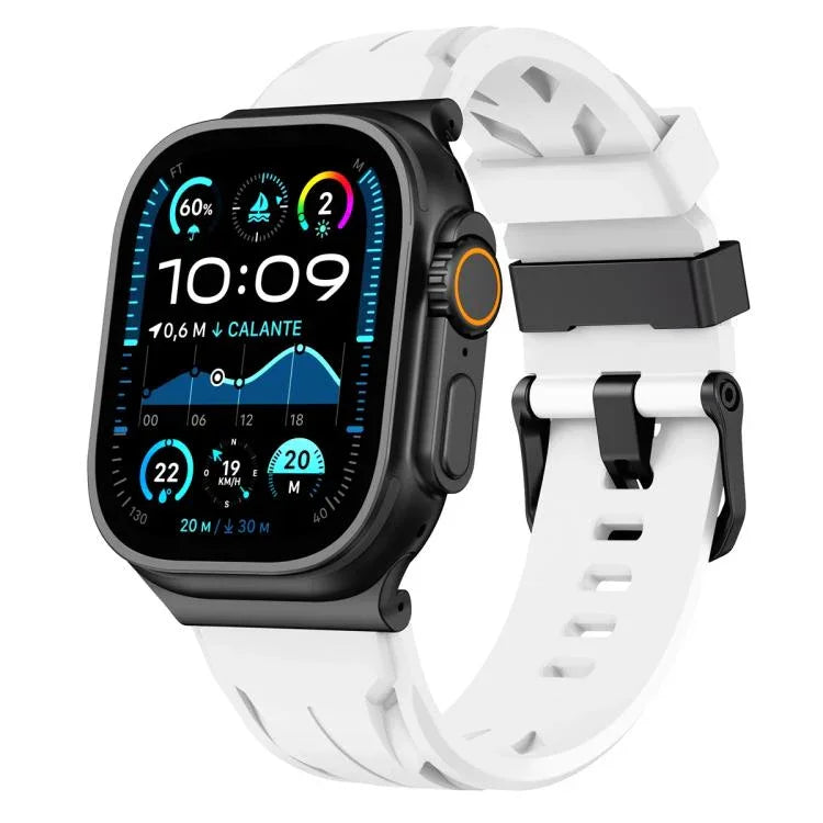 Bracelet de montre en silicone noir avec boucle ardillon, compatible avec les Apple Watch 46 mm / 49 mm / 45 mm / 44 mm et 42 mm / 41 mm / 40 mm / 38 mm.