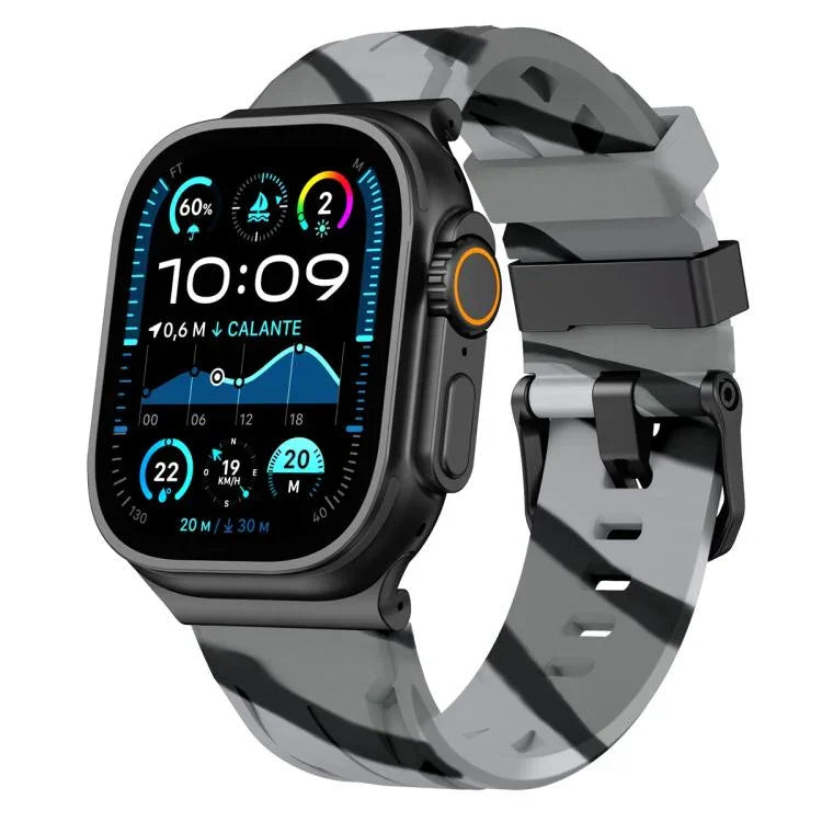 Bracelet de montre en silicone noir avec boucle ardillon, compatible avec les Apple Watch 46 mm / 49 mm / 45 mm / 44 mm et 42 mm / 41 mm / 40 mm / 38 mm.