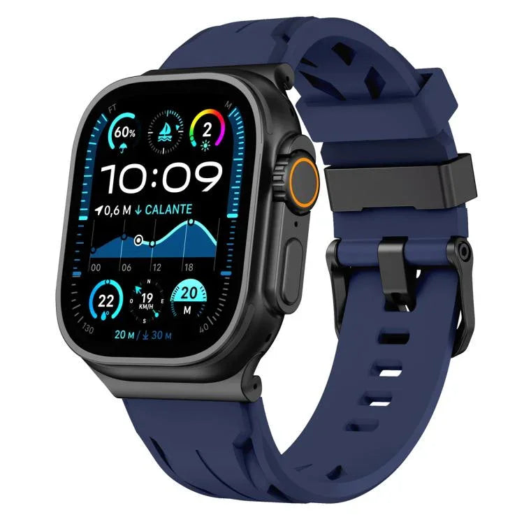 Bracelet de montre en silicone noir avec boucle ardillon, compatible avec les Apple Watch 46 mm / 49 mm / 45 mm / 44 mm et 42 mm / 41 mm / 40 mm / 38 mm.
