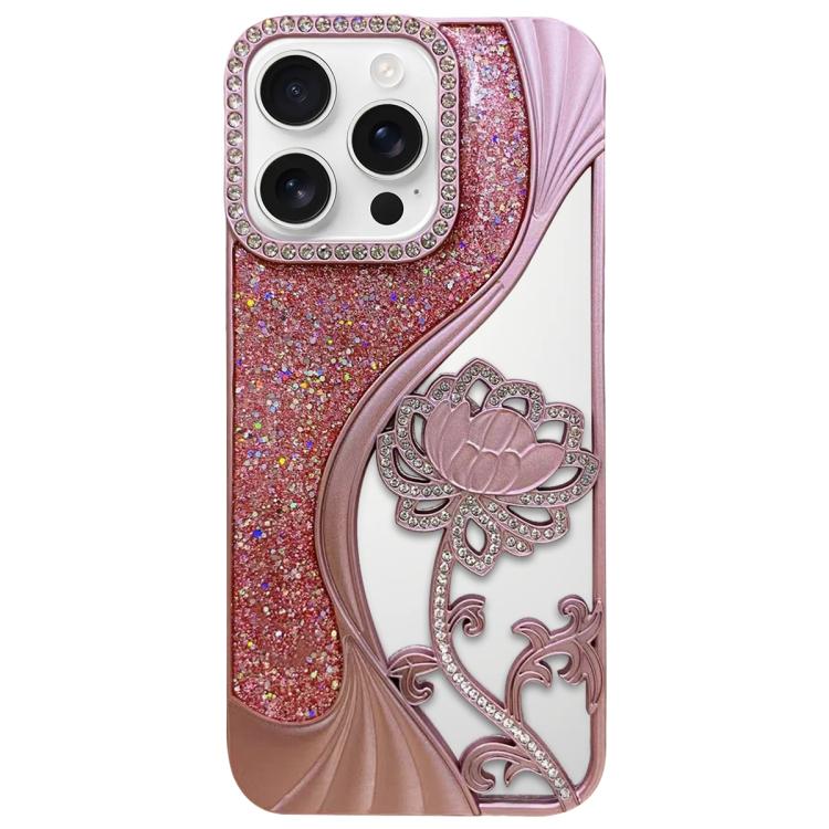 Coque de téléphone en TPU plaqué, motif lotus ajouré, avec strass et paillettes, Pour iPhone 17 Pro Max, Pour iPhone 17 Pro, Pour iPhone 17, Pour iPhone 16 Pro Max, Pour iPhone 16 Pro, Pour iPhone 16, Pour iPhone 15 Pro Max, Pour iPhone 15 Pro
