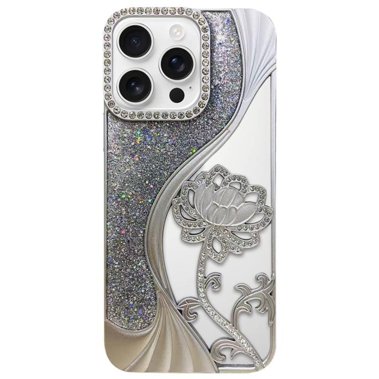 Coque de téléphone en TPU plaqué, motif lotus ajouré, avec strass et paillettes, Pour iPhone 17 Pro Max, Pour iPhone 17 Pro, Pour iPhone 17, Pour iPhone 16 Pro Max, Pour iPhone 16 Pro, Pour iPhone 16, Pour iPhone 15 Pro Max, Pour iPhone 15 Pro