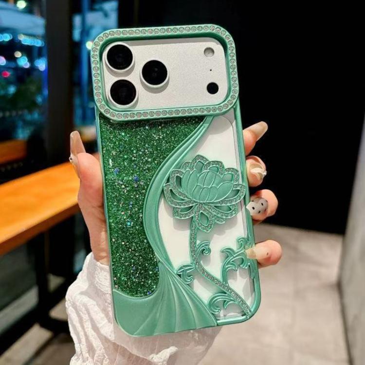 Coque de téléphone en TPU plaqué, motif lotus ajouré, avec strass et paillettes, Pour iPhone 17 Pro Max, Pour iPhone 17 Pro, Pour iPhone 17, Pour iPhone 16 Pro Max, Pour iPhone 16 Pro, Pour iPhone 16, Pour iPhone 15 Pro Max, Pour iPhone 15 Pro