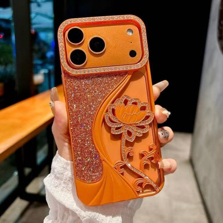 Coque de téléphone en TPU plaqué, motif lotus ajouré, avec strass et paillettes, Pour iPhone 17 Pro Max, Pour iPhone 17 Pro, Pour iPhone 17, Pour iPhone 16 Pro Max, Pour iPhone 16 Pro, Pour iPhone 16, Pour iPhone 15 Pro Max, Pour iPhone 15 Pro