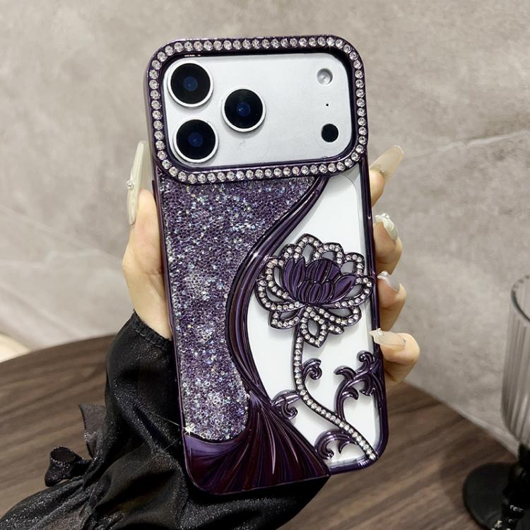 Coque de téléphone en TPU plaqué, motif lotus ajouré, avec strass et paillettes, Pour iPhone 17 Pro Max, Pour iPhone 17 Pro, Pour iPhone 17, Pour iPhone 16 Pro Max, Pour iPhone 16 Pro, Pour iPhone 16, Pour iPhone 15 Pro Max, Pour iPhone 15 Pro
