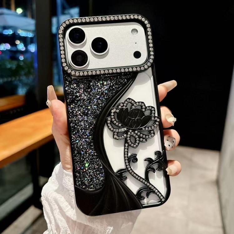 Coque de téléphone en TPU plaqué, motif lotus ajouré, avec strass et paillettes, Pour iPhone 17 Pro Max, Pour iPhone 17 Pro, Pour iPhone 17, Pour iPhone 16 Pro Max, Pour iPhone 16 Pro, Pour iPhone 16, Pour iPhone 15 Pro Max, Pour iPhone 15 Pro
