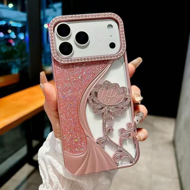 Coque de téléphone en TPU plaqué, motif lotus ajouré, avec strass et paillettes, Pour iPhone 17 Pro Max, Pour iPhone 17 Pro, Pour iPhone 17, Pour iPhone 16 Pro Max, Pour iPhone 16 Pro, Pour iPhone 16, Pour iPhone 15 Pro Max, Pour iPhone 15 Pro