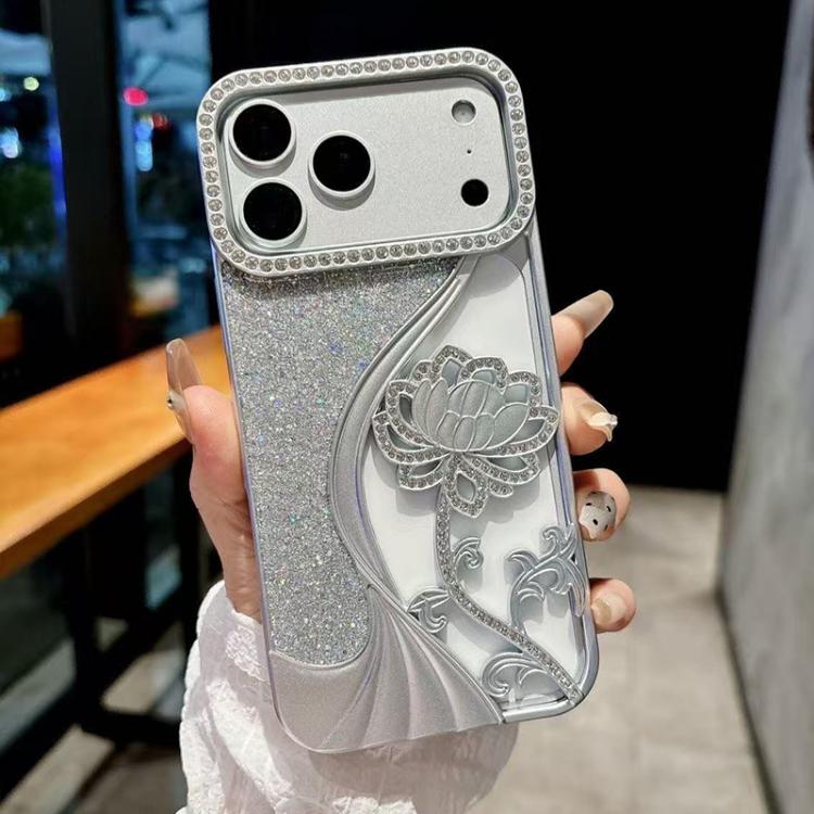 Coque de téléphone en TPU plaqué, motif lotus ajouré, avec strass et paillettes, Pour iPhone 17 Pro Max, Pour iPhone 17 Pro, Pour iPhone 17, Pour iPhone 16 Pro Max, Pour iPhone 16 Pro, Pour iPhone 16, Pour iPhone 15 Pro Max, Pour iPhone 15 Pro