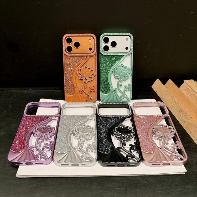 Coque de téléphone en TPU électrolytique motif lotus creux, avec strass et paillettes, pour iPhone 12 Pro Max, pour iPhone 12 Pro, pour iPhone 11 Pro Max, pour iPhone 11