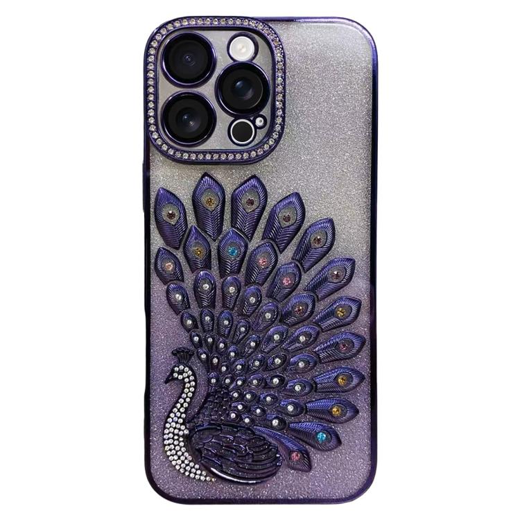 Electroplated TPU Peacock Relief Rhinestone Glitter Phone Case with Lens Film, For iPhone 17 Pro Max, For iPhone 17 Pro, For iPhone 17, For iPhone 16 Pro Max, For iPhone 16 Pro, For iPhone 16 Plus, For iPhone 16, For iPhone 15 Pro Max