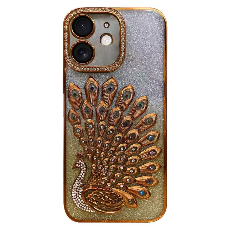 Coque de téléphone plaquée en TPU avec motif paon en relief, strass et paillettes, avec film de protection d'objectif, pour iPhone 11