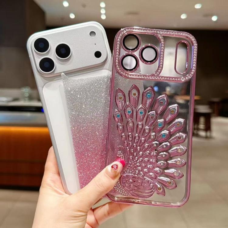 Coque de téléphone plaquée en TPU avec motif paon en relief, strass et paillettes, avec film de protection d'objectif, pour iPhone 11