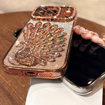Coque de téléphone plaquée en TPU avec motif paon en relief, strass et paillettes, avec film de protection d'objectif, pour iPhone 11